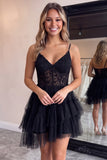 Black Corset Applique Lace A Line Short Homecoming Dress