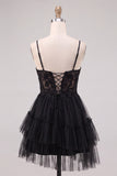 Black Corset Applique Lace A Line Short Homecoming Dress