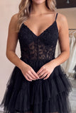 Black Corset Applique Lace A Line Short Homecoming Dress