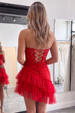 Sweetheart Applique Lace Corset Asymmetrical Red Homecoming Dress