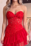 Sweetheart Applique Lace Corset Asymmetrical Red Homecoming Dress