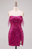 Sparkly Fuchsia Off the Shoulder Bodycon Corset Homecoming Dress with Slit