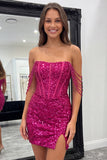 Sparkly Fuchsia Off the Shoulder Bodycon Corset Homecoming Dress with Slit