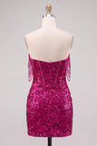 Sparkly Fuchsia Off the Shoulder Bodycon Corset Homecoming Dress with Slit