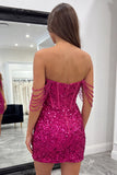 Sparkly Fuchsia Off the Shoulder Bodycon Corset Homecoming Dress with Slit