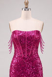 Sparkly Fuchsia Off the Shoulder Bodycon Corset Homecoming Dress with Slit