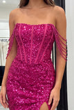 Sparkly Fuchsia Off the Shoulder Bodycon Corset Homecoming Dress with Slit