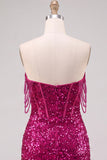 Sparkly Fuchsia Off the Shoulder Bodycon Corset Homecoming Dress with Slit