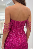 Sparkly Fuchsia Off the Shoulder Bodycon Corset Homecoming Dress with Slit