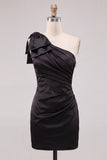 One Shoulder Bow Satin Ruched Bodycon Pink Homecoming Dress