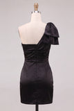 One Shoulder Bow Satin Ruched Bodycon Pink Homecoming Dress