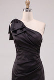 One Shoulder Bow Satin Ruched Bodycon Pink Homecoming Dress