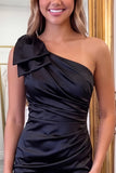 One Shoulder Bow Satin Ruched Bodycon Pink Homecoming Dress