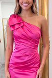 One Shoulder Bow Satin Ruched Bodycon Pink Homecoming Dress