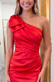 One Shoulder Bow Satin Ruched Bodycon Pink Homecoming Dress