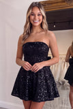 Sequin Black A Line Strapless Homecoming Dress with Bow