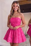 Sequin Black A Line Strapless Homecoming Dress with Bow