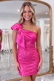 Fuchsia One Shoulder Bow Bodycon Sequin Homecoming Dress