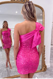 Fuchsia One Shoulder Bow Bodycon Sequin Homecoming Dress