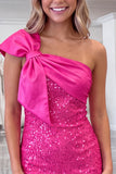 Fuchsia One Shoulder Bow Bodycon Sequin Homecoming Dress