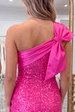 Fuchsia One Shoulder Bow Bodycon Sequin Homecoming Dress