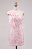 Fuchsia One Shoulder Bow Bodycon Sequin Homecoming Dress