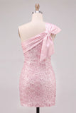 Fuchsia One Shoulder Bow Bodycon Sequin Homecoming Dress