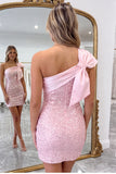 Fuchsia One Shoulder Bow Bodycon Sequin Homecoming Dress