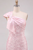 Fuchsia One Shoulder Bow Bodycon Sequin Homecoming Dress
