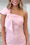 Fuchsia One Shoulder Bow Bodycon Sequin Homecoming Dress