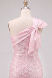 Fuchsia One Shoulder Bow Bodycon Sequin Homecoming Dress