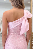 Fuchsia One Shoulder Bow Bodycon Sequin Homecoming Dress