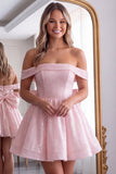Off the Shoulder Pink Sequin A Line Homecoming Dress with Bow