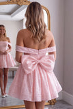 Off the Shoulder Pink Sequin A Line Homecoming Dress with Bow
