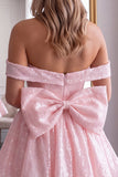 Off the Shoulder Pink Sequin A Line Homecoming Dress with Bow