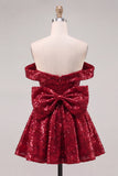 Off the Shoulder Pink Sequin A Line Homecoming Dress with Bow