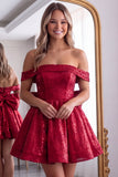 Off the Shoulder Pink Sequin A Line Homecoming Dress with Bow