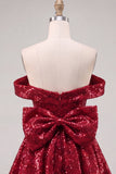 Off the Shoulder Pink Sequin A Line Homecoming Dress with Bow