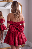 Off the Shoulder Pink Sequin A Line Homecoming Dress with Bow