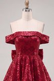 Off the Shoulder Pink Sequin A Line Homecoming Dress with Bow
