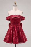 Off the Shoulder Pink Sequin A Line Homecoming Dress with Bow