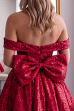 Off the Shoulder Pink Sequin A Line Homecoming Dress with Bow