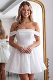 Off the Shoulder Pink Sequin A Line Homecoming Dress with Bow