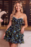 Strapless Blue Flower Corset Tiered Ruffle A Line Homecoming Dress