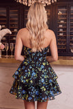 Strapless Blue Flower Corset Tiered Ruffle A Line Homecoming Dress
