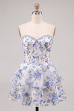 Strapless Blue Flower Corset Tiered Ruffle A Line Homecoming Dress