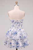Strapless Blue Flower Corset Tiered Ruffle A Line Homecoming Dress