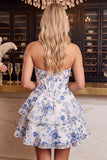 Strapless Blue Flower Corset Tiered Ruffle A Line Homecoming Dress
