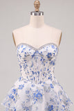 Strapless Blue Flower Corset Tiered Ruffle A Line Homecoming Dress
