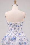 Strapless Blue Flower Corset Tiered Ruffle A Line Homecoming Dress